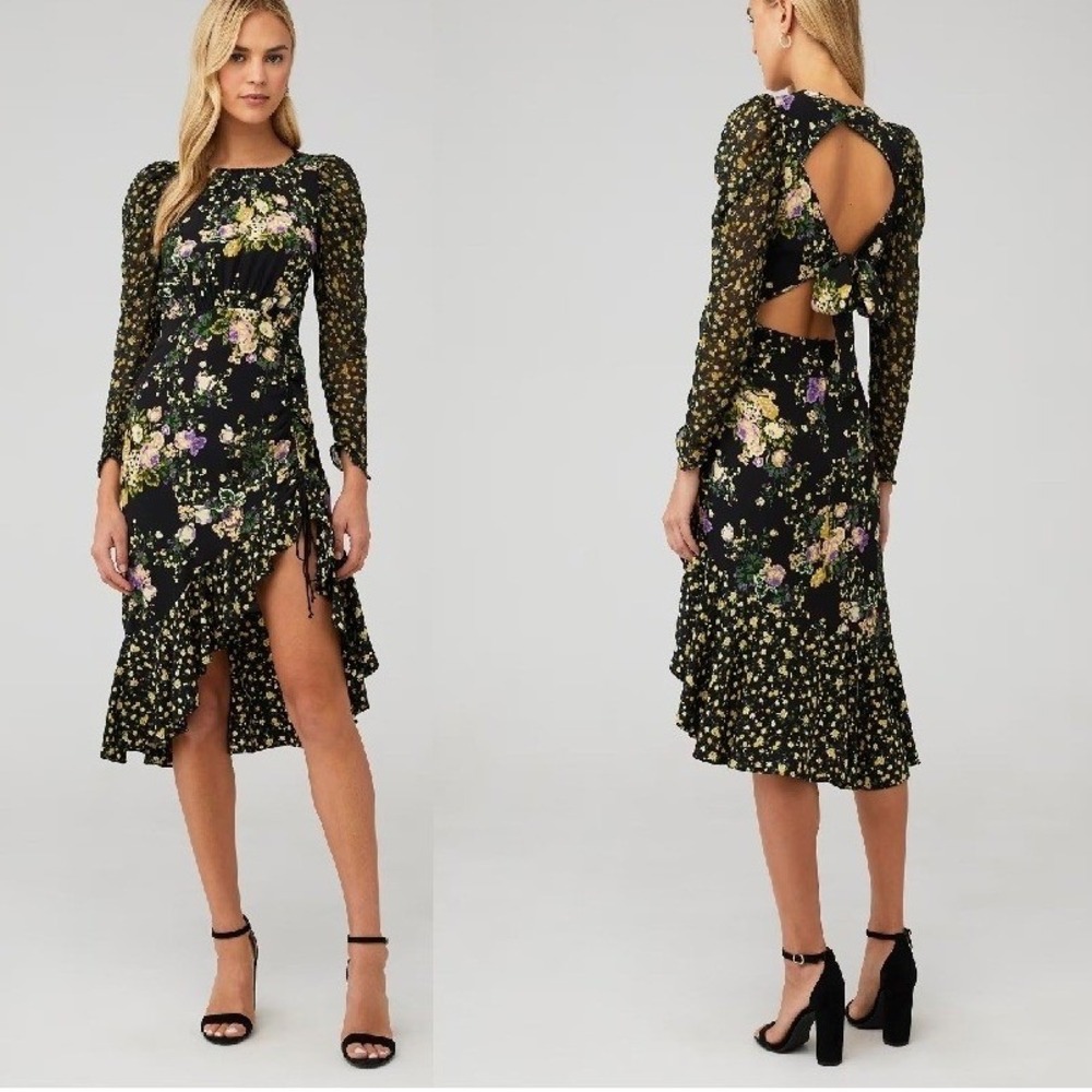 For Love & Lemons Ross Midi Dress Small Black Floral Open Back Garden Cottage